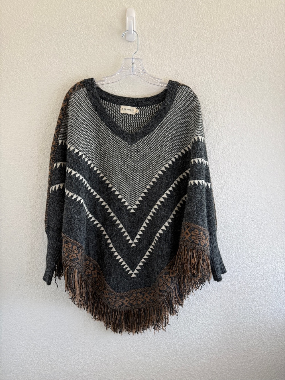 Dreamers Charcoal, White and Brown Fringed V-Neck Poncho Sweater